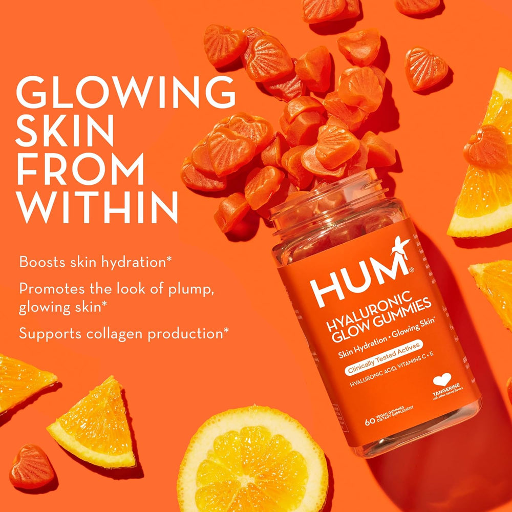HUM Hyaluronic Glow 60 Vegan Gummies – Tangerine Flavor, Skin Hydration Support