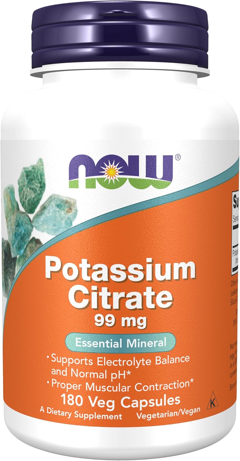NOW Foods Potassium Citrate 180 count bottle for muscle and nerve health support