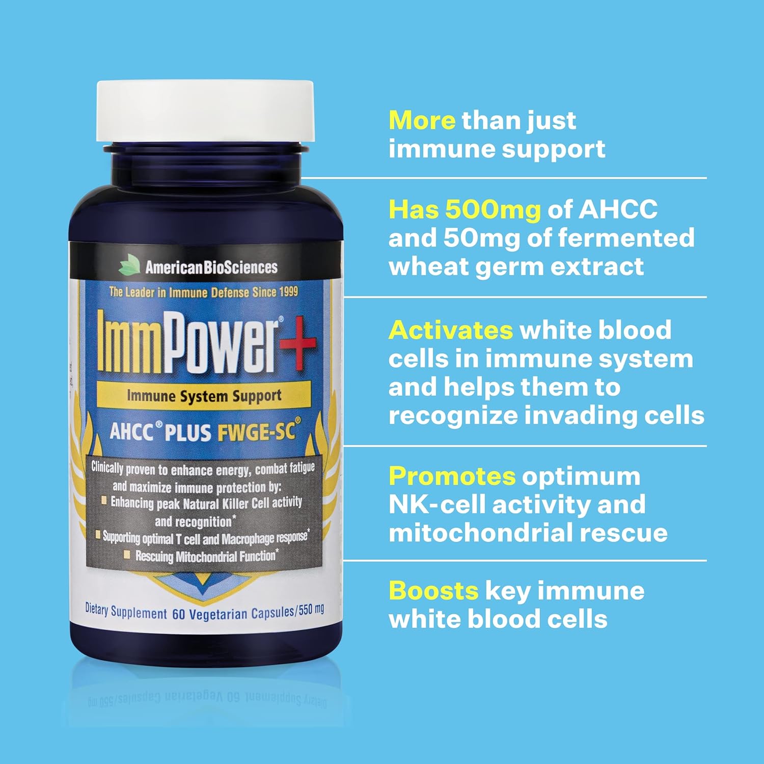 ImmPower Plus supplement facts label with AHCC proprietary blend and FWGE-SC