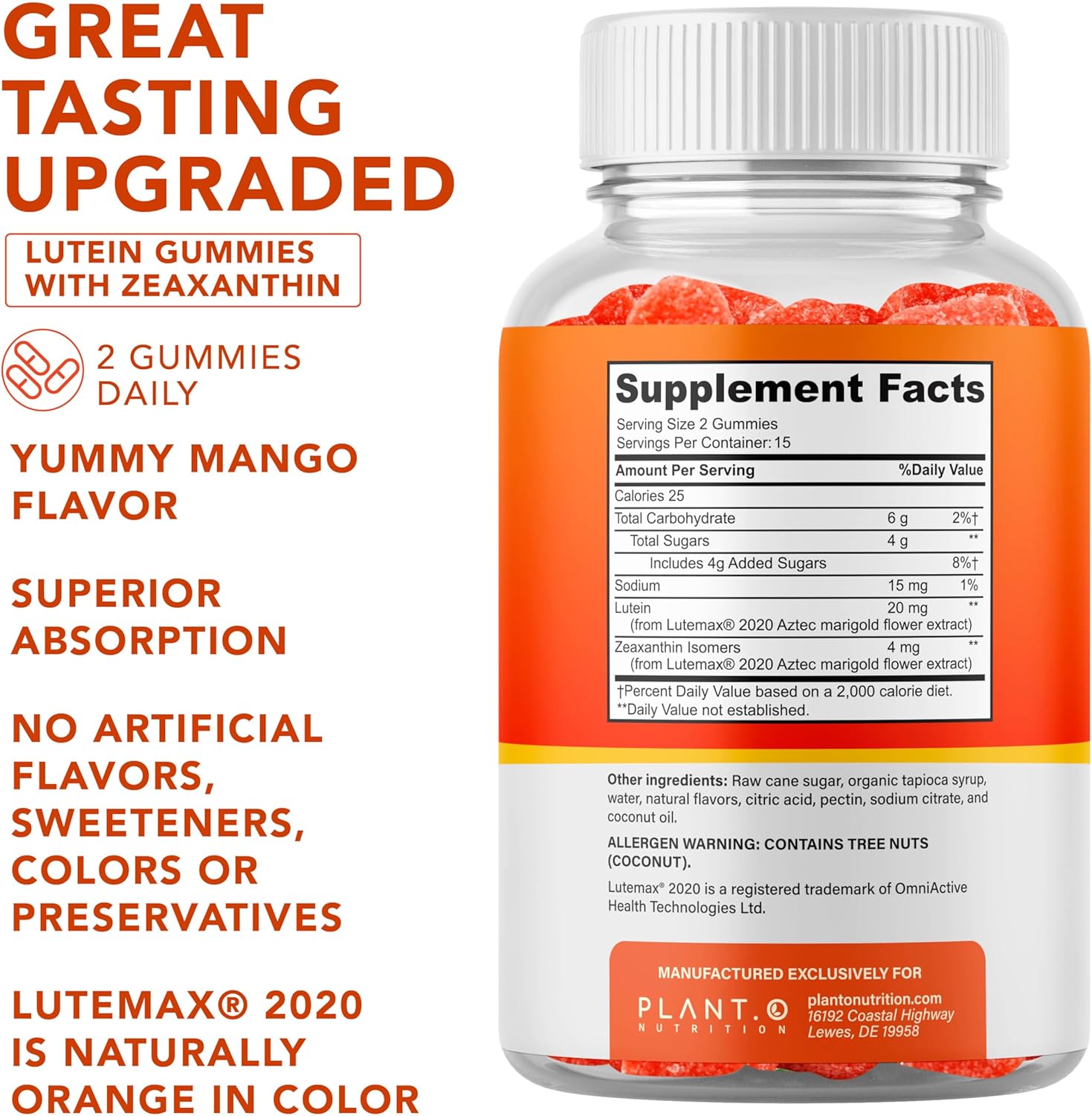 Vegan mango lutein gummies with 20mg lutein and 4mg zeaxanthin