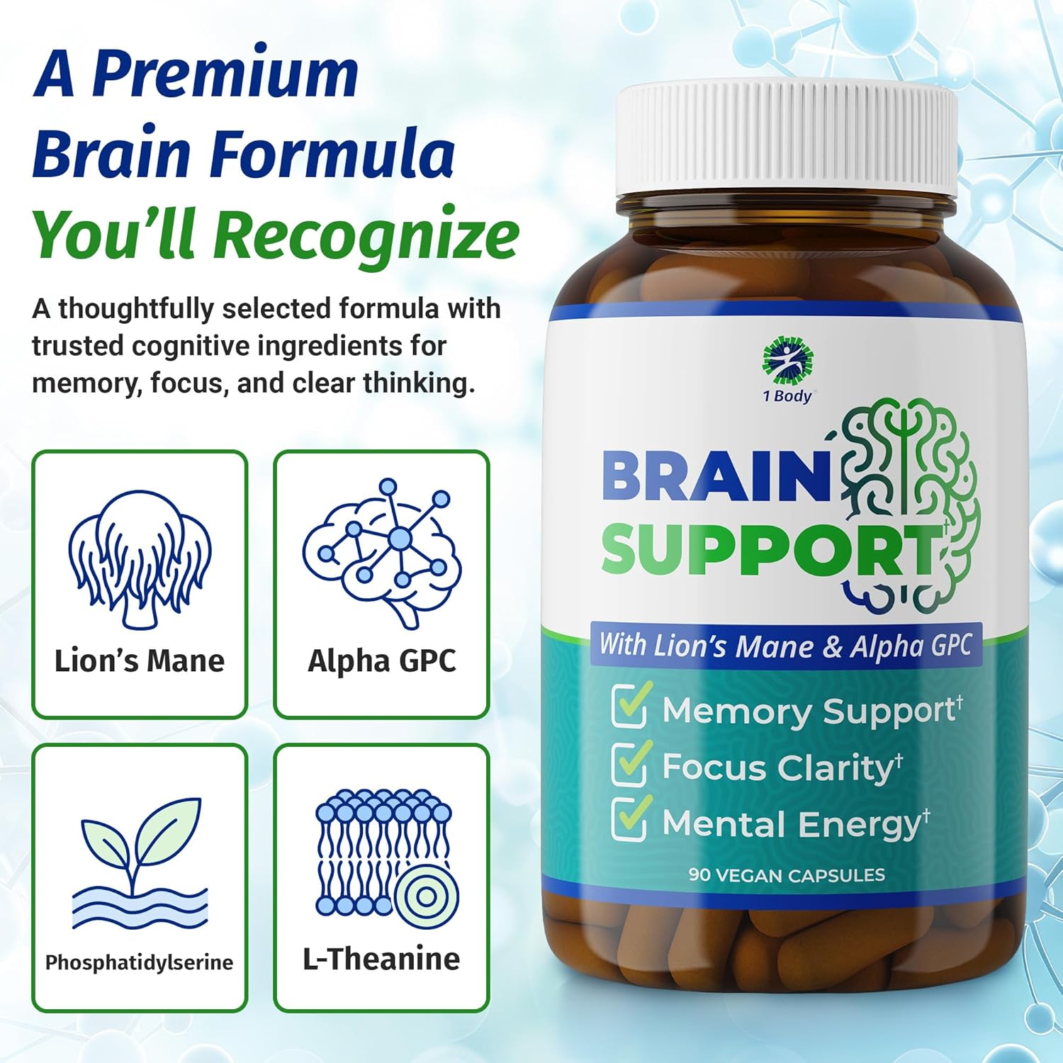 Brain booster supplement featuring Alpha GPC and Bacopa Monnieri formula