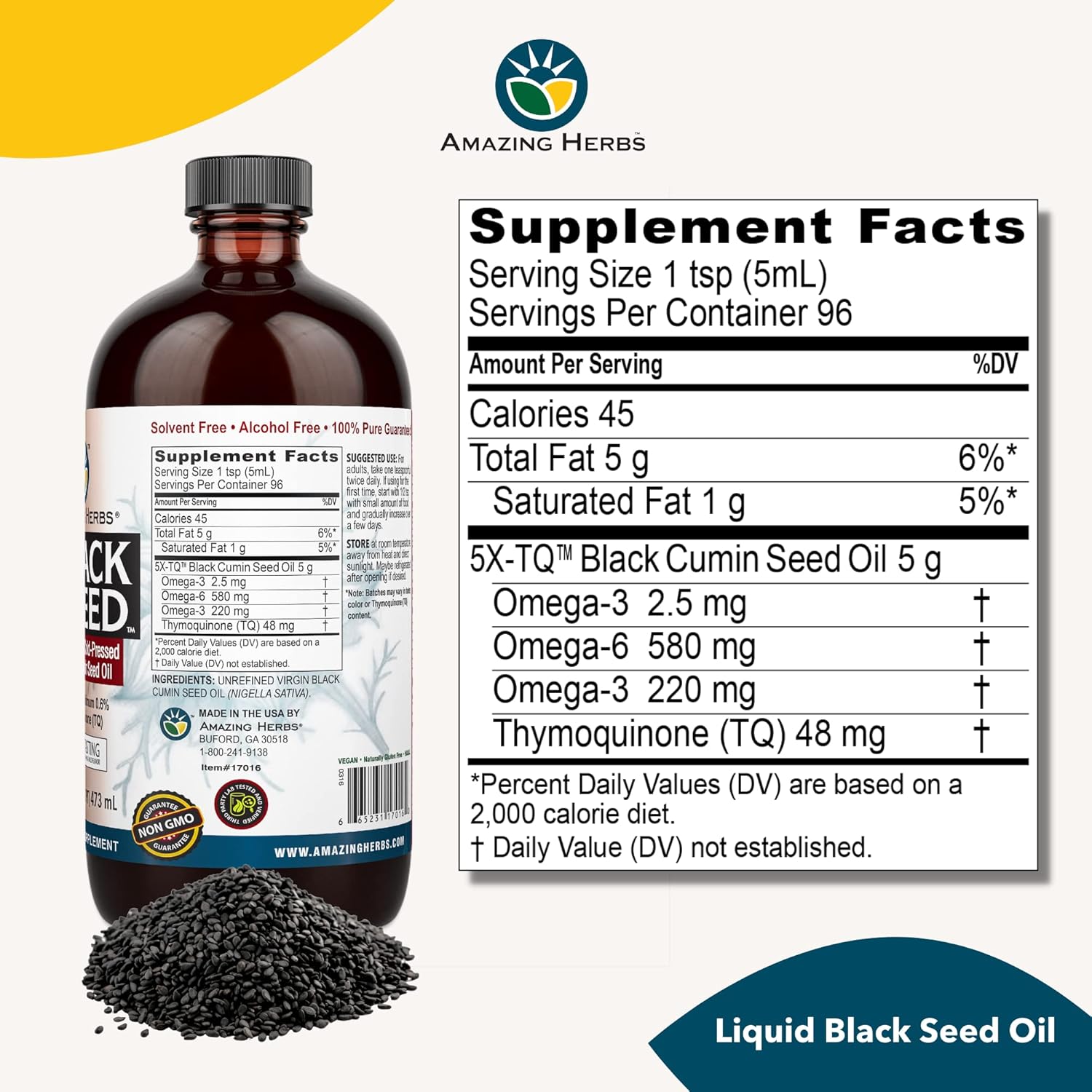 Cold-pressed Amazing Herbs black cumin seed oil liquid supplement with omega fatty acids