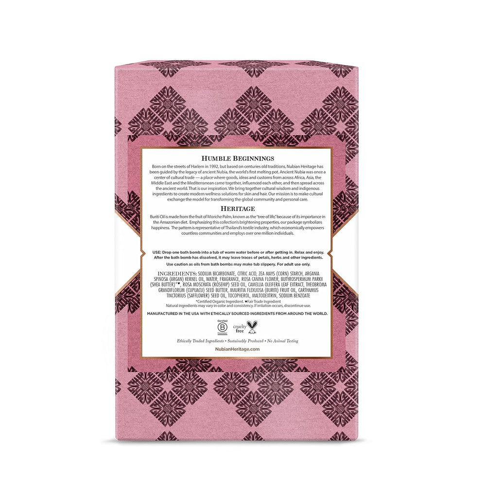 Nubian Heritage Patchouli and Buriti Bath Bombs with rose petals and botanical oils