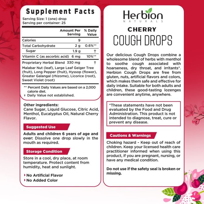 Close-up of Herbion Naturals Cherry Cough Drops showing natural ingredients and no artificial colors