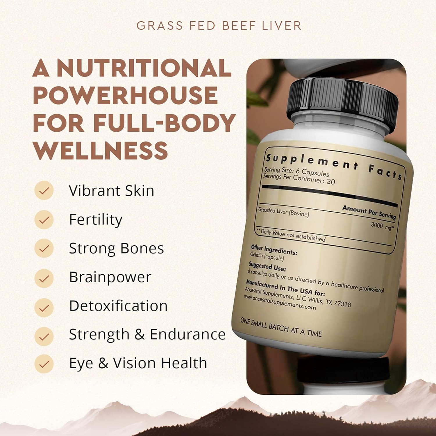 Ancestral Supplements Grassfed Beef Liver 180 capsules bottle front label