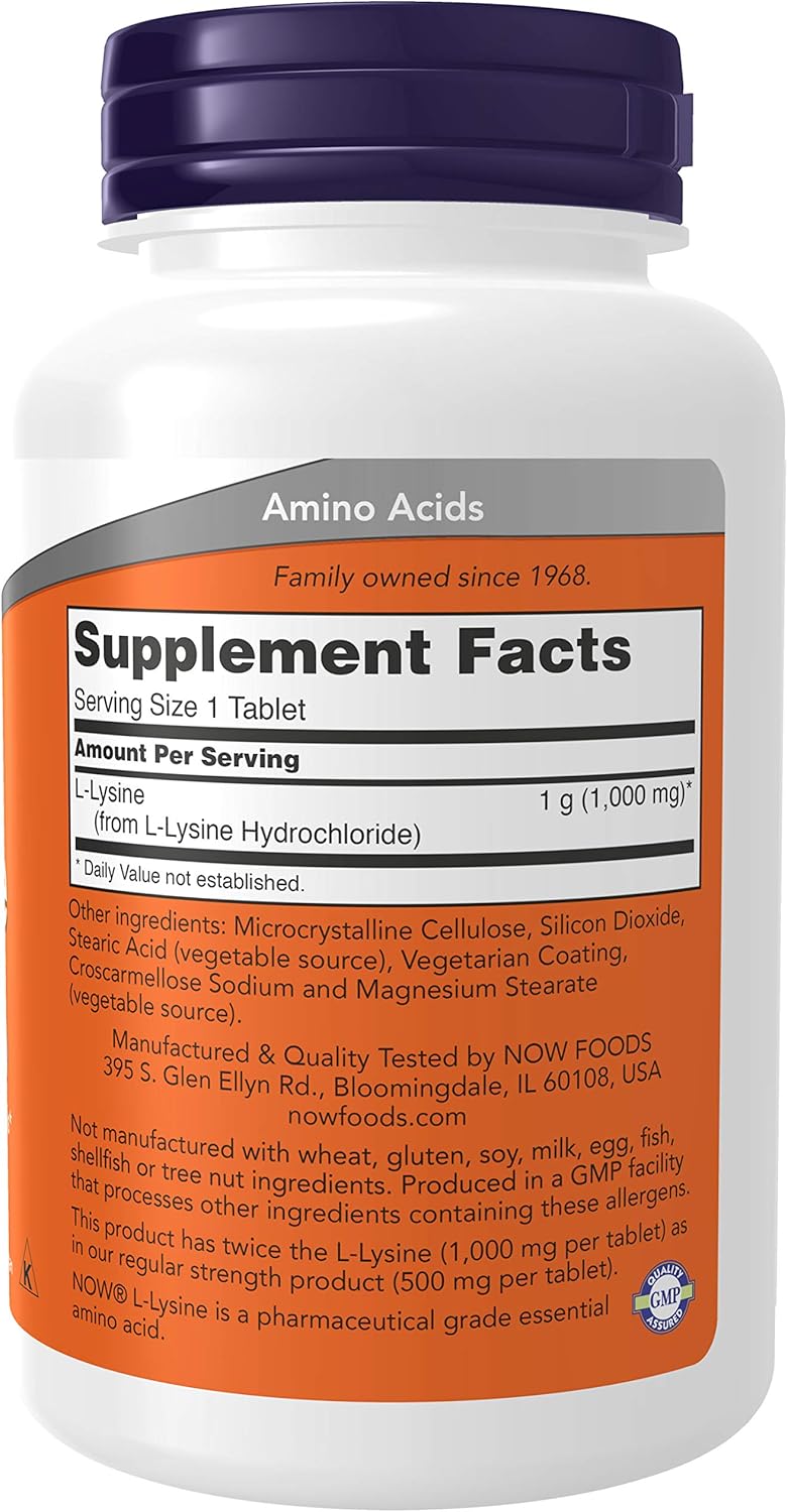 NOW L-Lysine 1000 mg Double Strength bottle for immune and collagen support, 100 tablets.