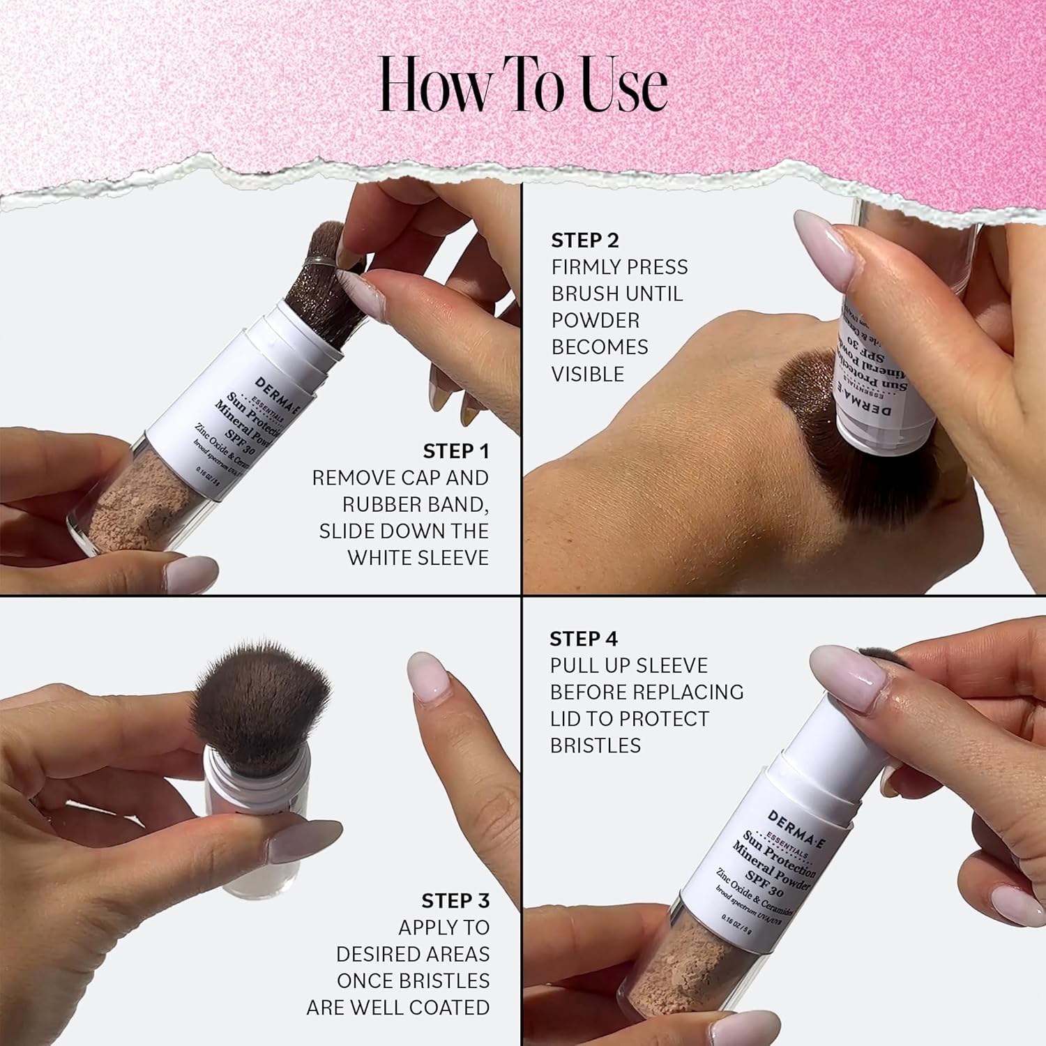 DERMA E mineral face powder sunscreen with convenient built-in brush applicator