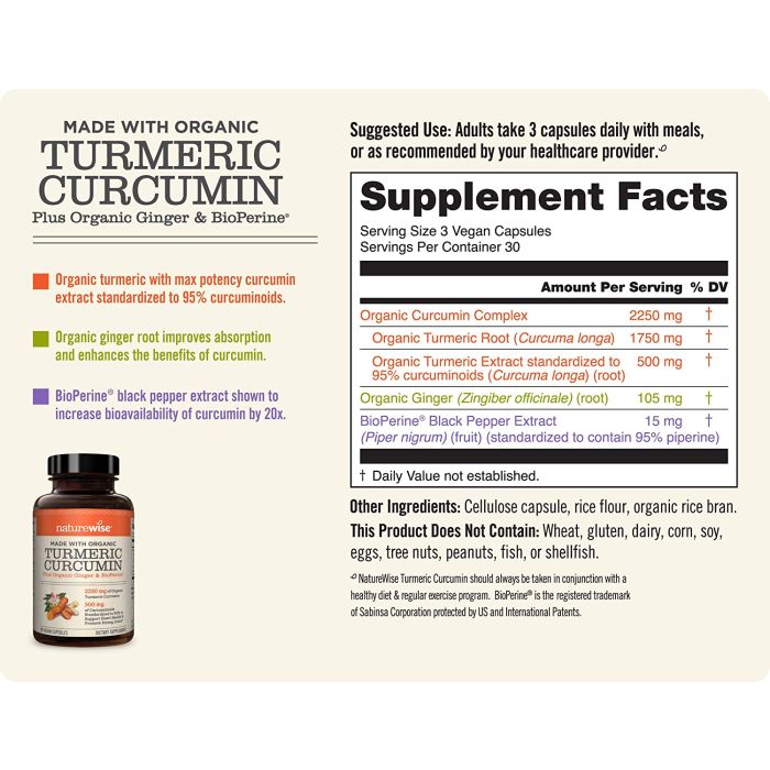 NatureWise Curcumin Turmeric 2250mg BioPerine Organic Ginger 90 Caps