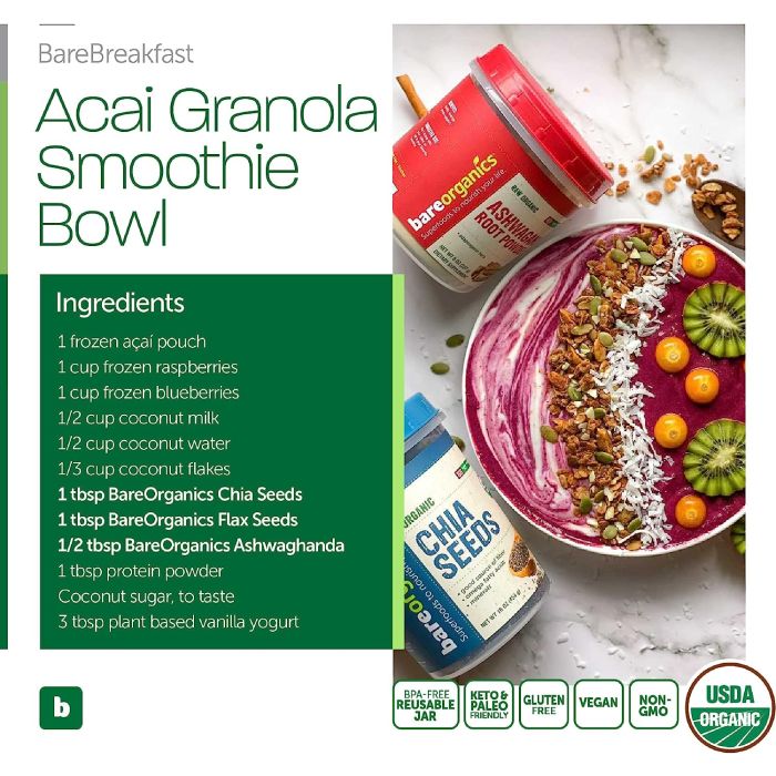 Freeze dried acai berry powder by BareOrganics ideal for smoothies and recipes