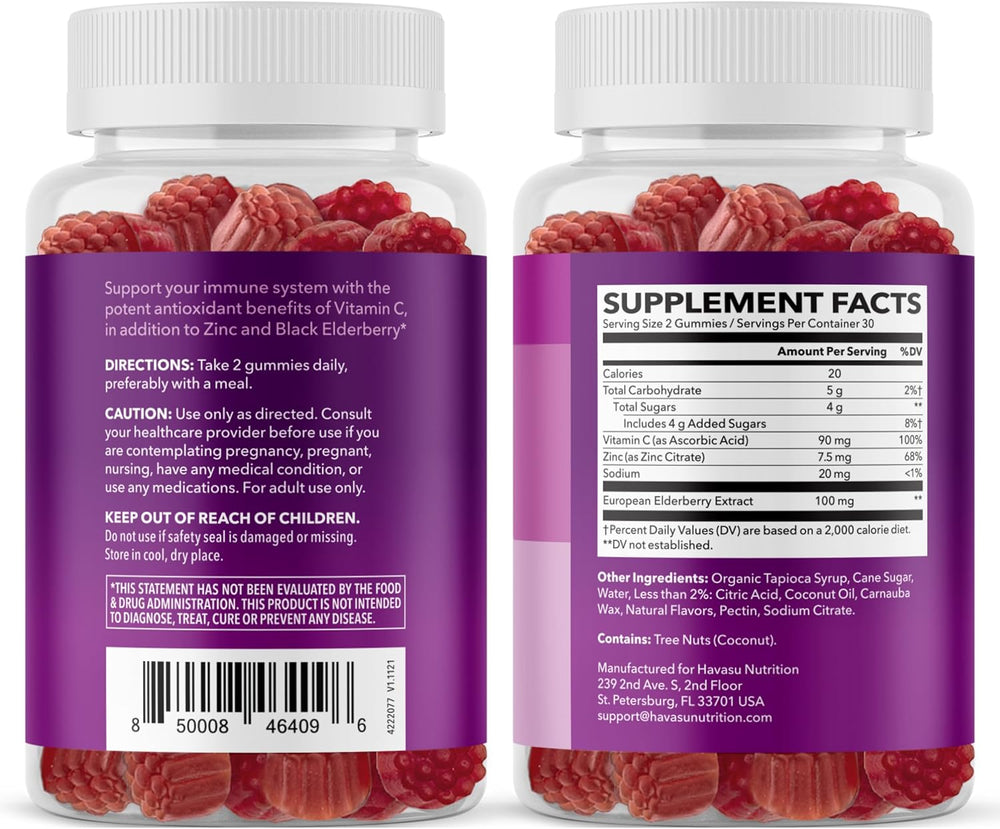 Elderberry immune support gummies with vitamin C and zinc in chewable berry flavor format