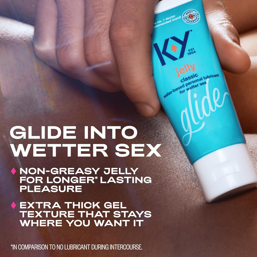 K-Y Jelly non-greasy personal lube with water-based pH-friendly formula.