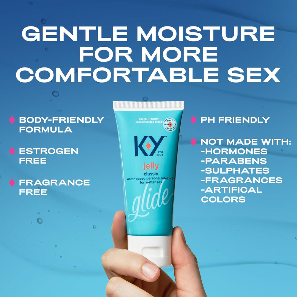 K-Y Jelly water-based personal lubricant in a 2 oz tube for intimate comfort.