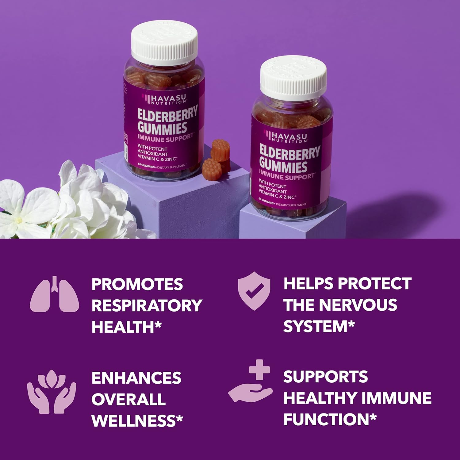 Havasu Nutrition Elderberry Gummies bottle with vitamin C and zinc for immune support, 60 gummies