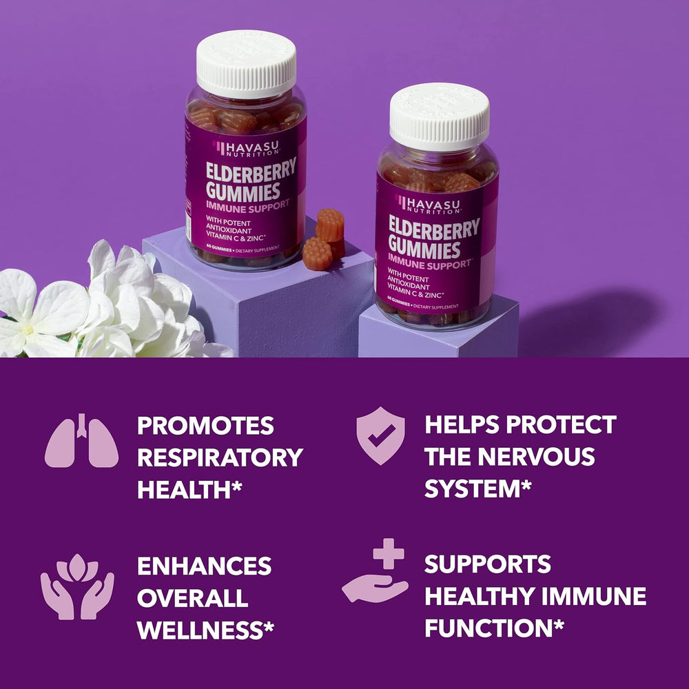 Havasu Nutrition Elderberry Gummies bottle with vitamin C and zinc for immune support, 60 gummies