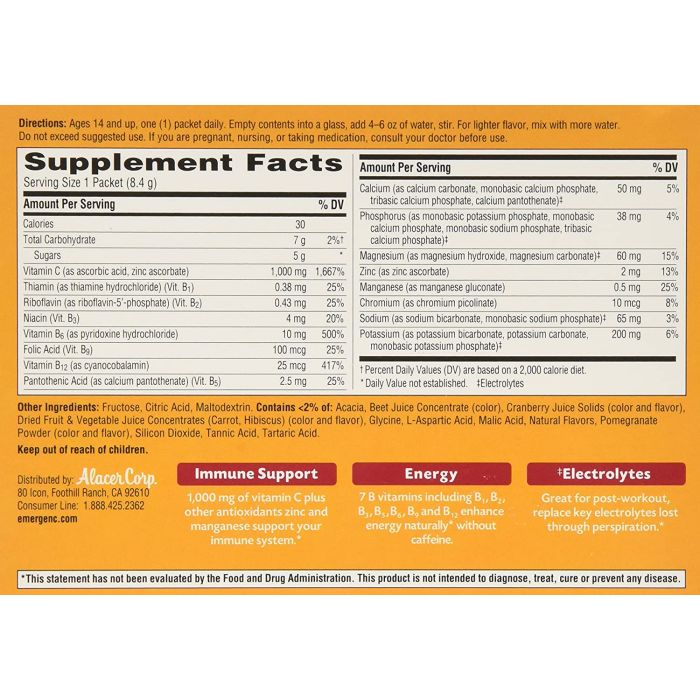 Emergen C 1000mg Vitamin C Powder Cranberry Pomegranate 30 Cnt 0.30oz