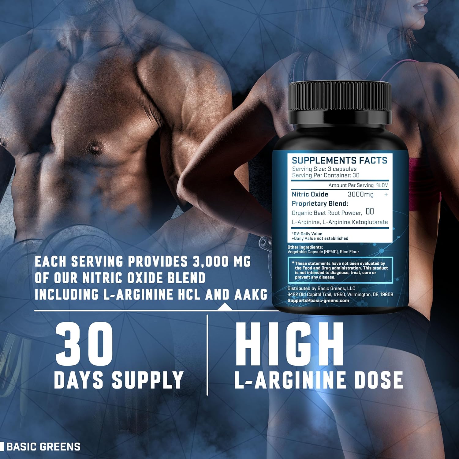 BASIC GREENS L-Arginine 3000mg nitric oxide support capsules with beet root, 90 count