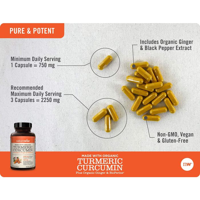 NatureWise Curcumin Turmeric 2250mg BioPerine Organic Ginger 90 Caps