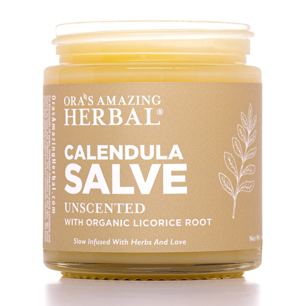 Calendula Salve jar with natural herbs, castor oil, licorice root and beeswax