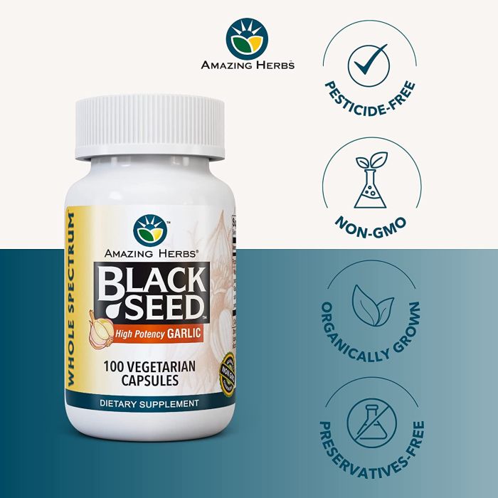 "Amazing Herbs Black Seed + Garlic supplement – 100 veggie capsules for immune and heart support"