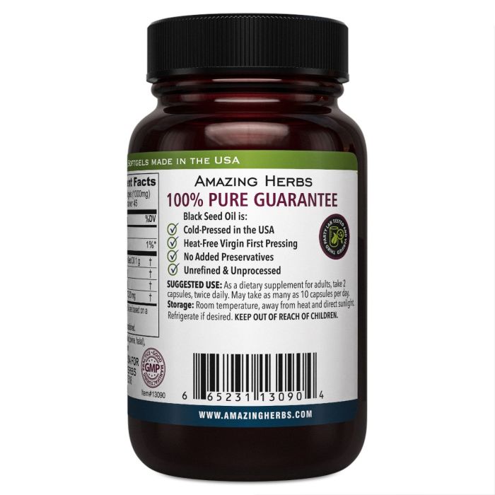 Amazing Herbs Black Seed Oil 500mg bottle – 90 softgels, cold-pressed immune support supplement