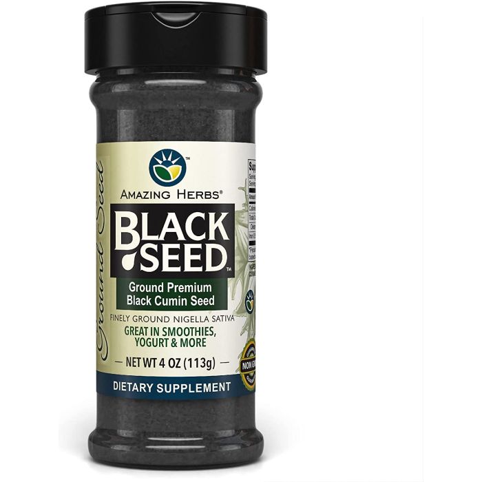 "Black Seed powder close-up – immune and digestive support supplement"