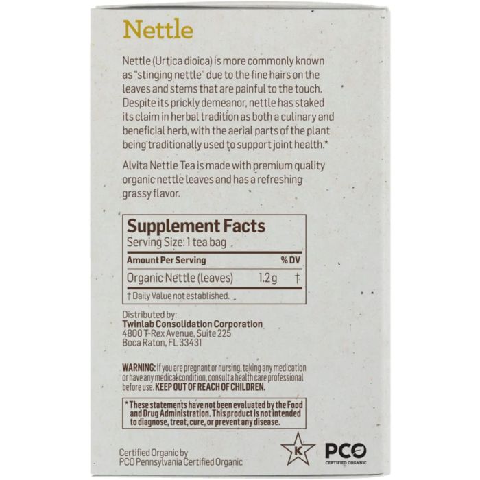 "Back label of Alvita Nettle Tea showing USDA Organic and Non-GMO certifications"