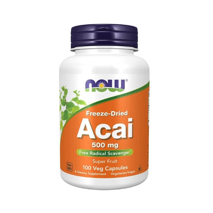"Back label of NOW Açaí capsules – supplement facts and usage instructions"
