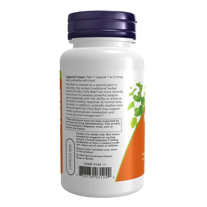 "Back label of NOW Holy Basil Extract – supplement facts and dosage info"