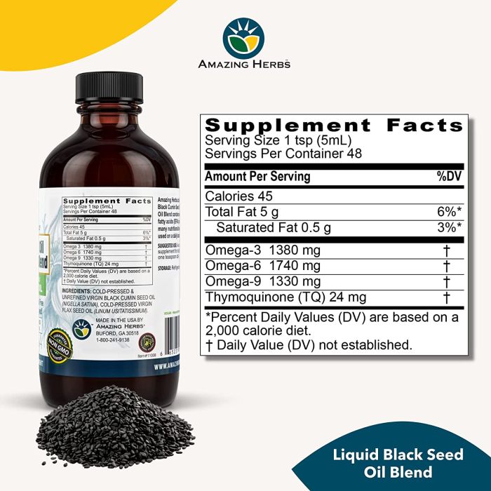 "Supplement facts label – 2500 mg each of black seed and flaxseed oil per serving"