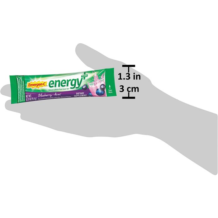"Back panel of Emergen-C Energy+ showing supplement facts and key ingredients"