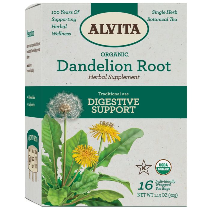 "Front label of Alvita Dandelion Root Tea showing organic and caffeine-free claims"