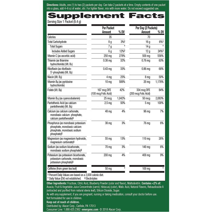 "Emergen-C Energy+ Blueberry Acai box – 18 count immune and energy support drink mix"