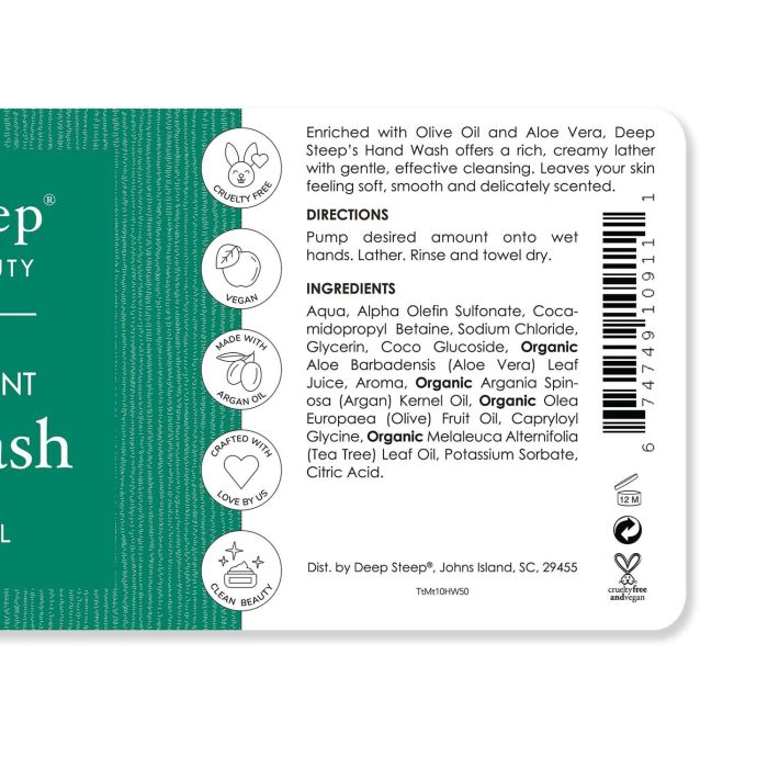 "Front label of Deep Steep Premium Beauty hand soap with tea tree and mint"