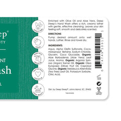 "Front label of Deep Steep Premium Beauty hand soap with tea tree and mint"