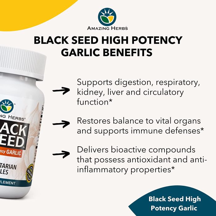 "Supplement facts – 350 mg black cumin seed and 150 mg garlic per capsule"