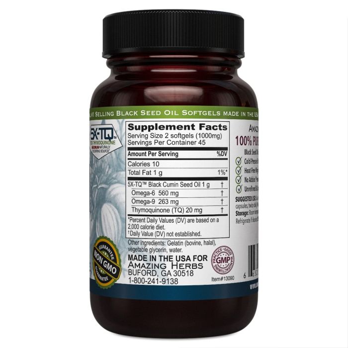 Label showing Supplement Facts for Amazing Herbs Black Seed Oil 500mg Softgels