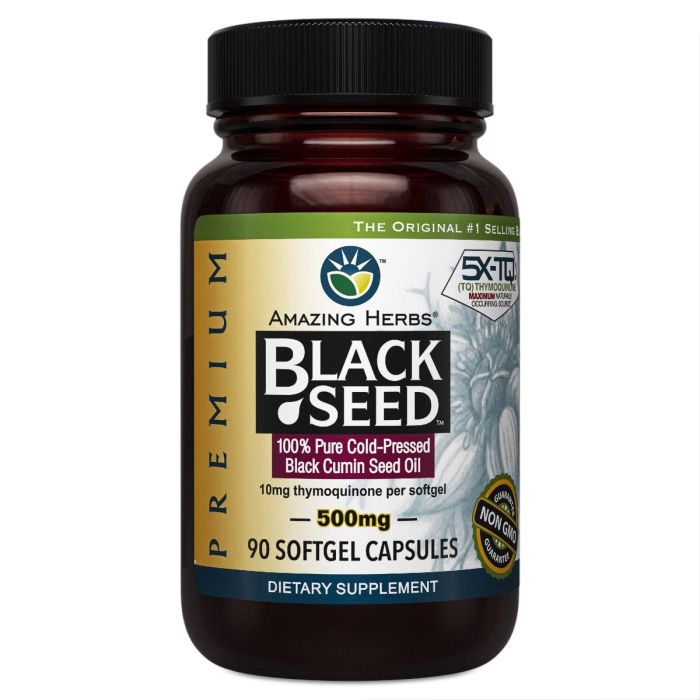 Front view of Amazing Herbs Black Seed Oil bottle with black cumin imagery