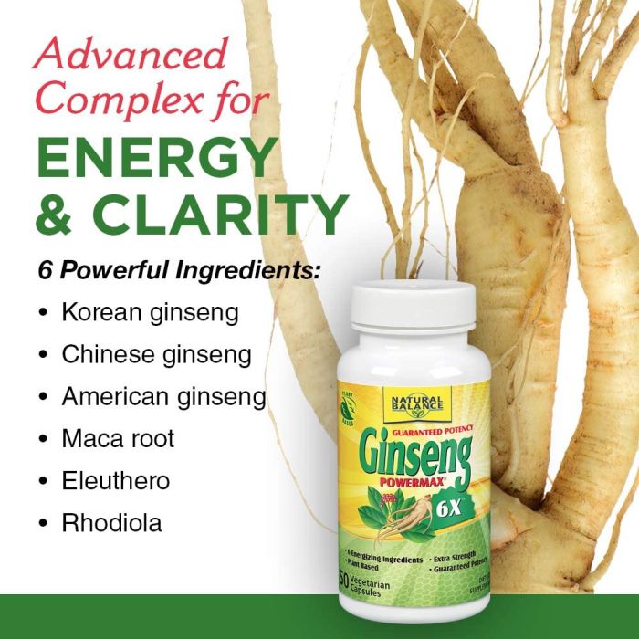 "Label close-up of Ginseng PowerMax 6X – featuring Asian, American, and Siberian Ginseng"