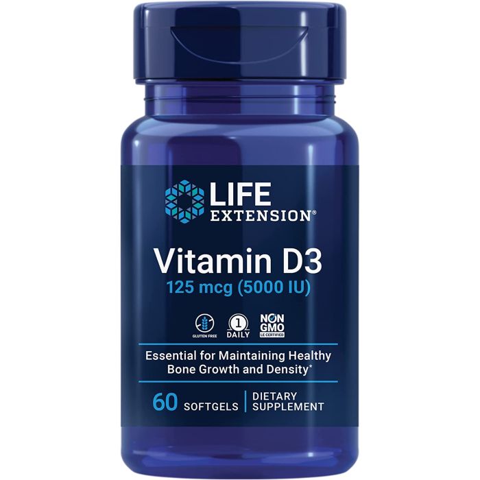 Life Extension Vitamin D3 125 mcg 5000 IU 60 Softgels Immune Health