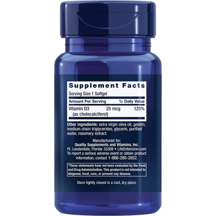 Life Extension Vitamin D3 25 mcg 1000 IU Softgels Bone Growth Support