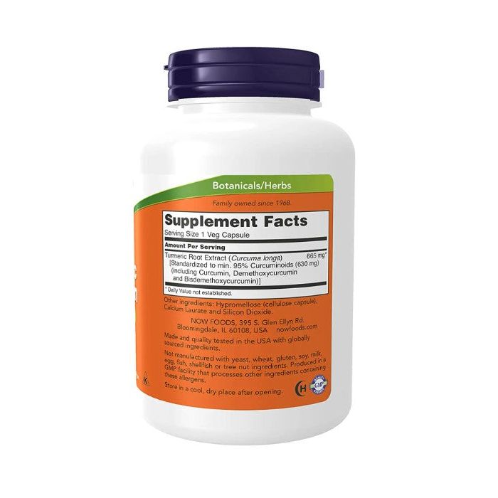 "NOW Foods turmeric curcumin capsule bottle – Non-GMO, vegan-friendly, GMP certified"
