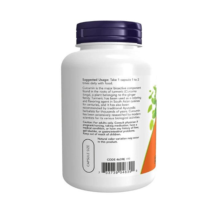 "Supplement Facts panel for NOW Curcumin – 95% standardized turmeric extract per capsule"
