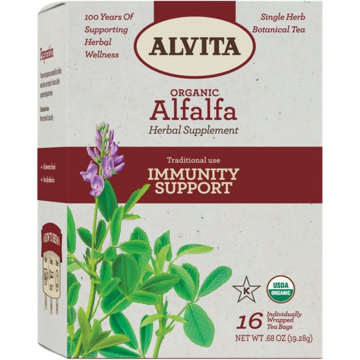 "Natural immunity tea – Alvita Organic Alfalfa, gluten-free, vegan-friendly, 16-count pack"