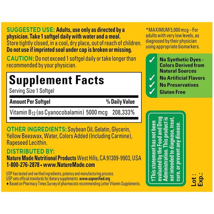 Nature Made Maximum Strength Vitamin B12 60 Softgels 5000mcg