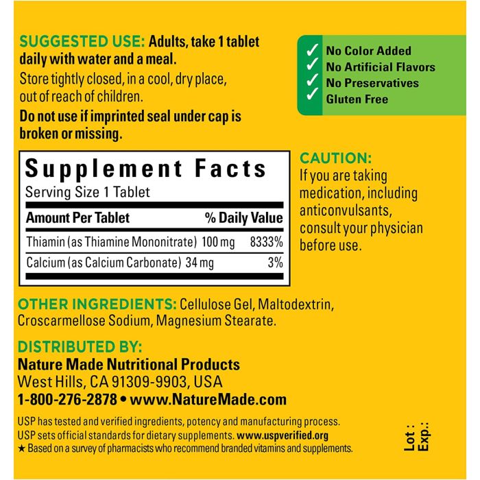 Nature Made Vitamin B1 100mg 100 Tablets