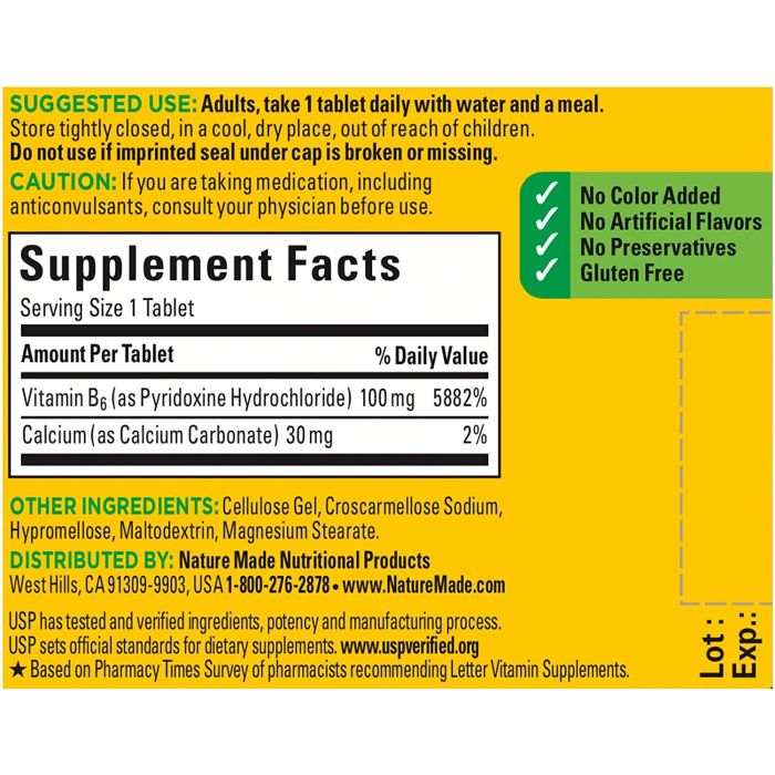 Nature Made Vitamin B6 100mg 100 Tablets Dietary Supplement
