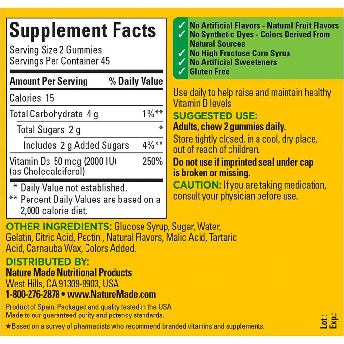 Nature Made Vitamin D3 2000 IU 50mcg Flavored Gummies