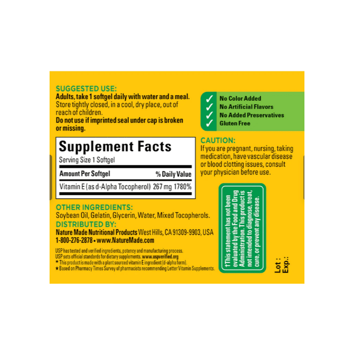 Nature Made Vitamin E 400 IU 267 Mg D Alpha 100 Softgels Antioxidant