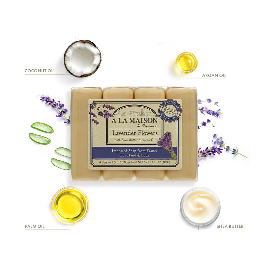 French milled lavender flower soap bars with moisturizing plant-based formula