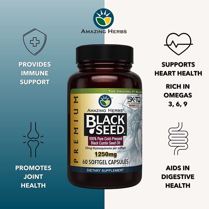 "Amazing Herbs Black Seed Oil 1250mg bottle front view – immune support and antioxidant health, 60 softgels"